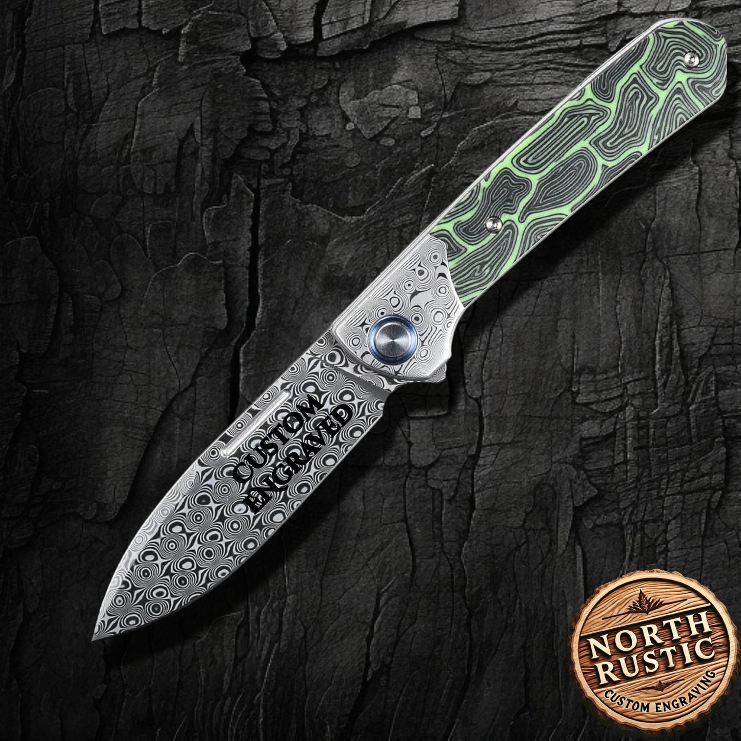 Engraved VG10 Damascus Pocket Knife Personalized Folding Green G10 Handle Knife Wedding Groomsmen Father Husband Boyfriend Gift VP41