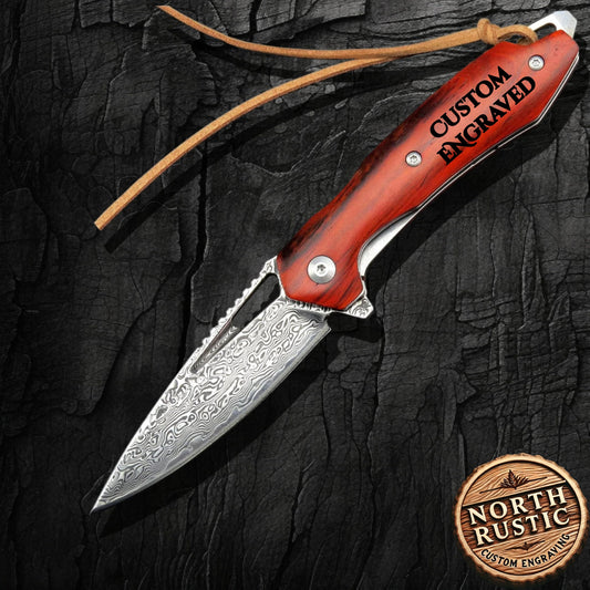 Damascus Folding Pocket Knife Rose Wood Handle