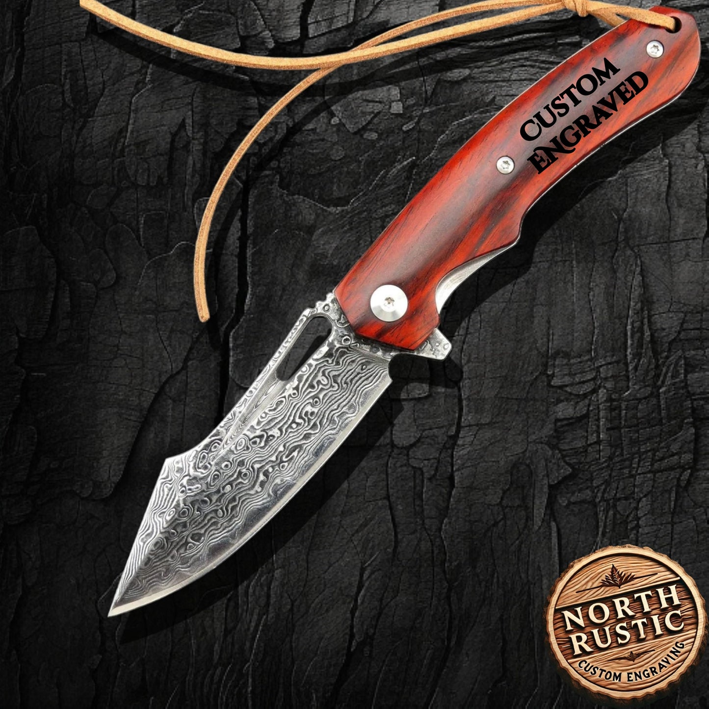 Engraved VG10 Damascus Folding Knife | Personalized Pocket Knife | Rose Wood Handle Knife | Wedding Husband Anniversary Father Gift VP13