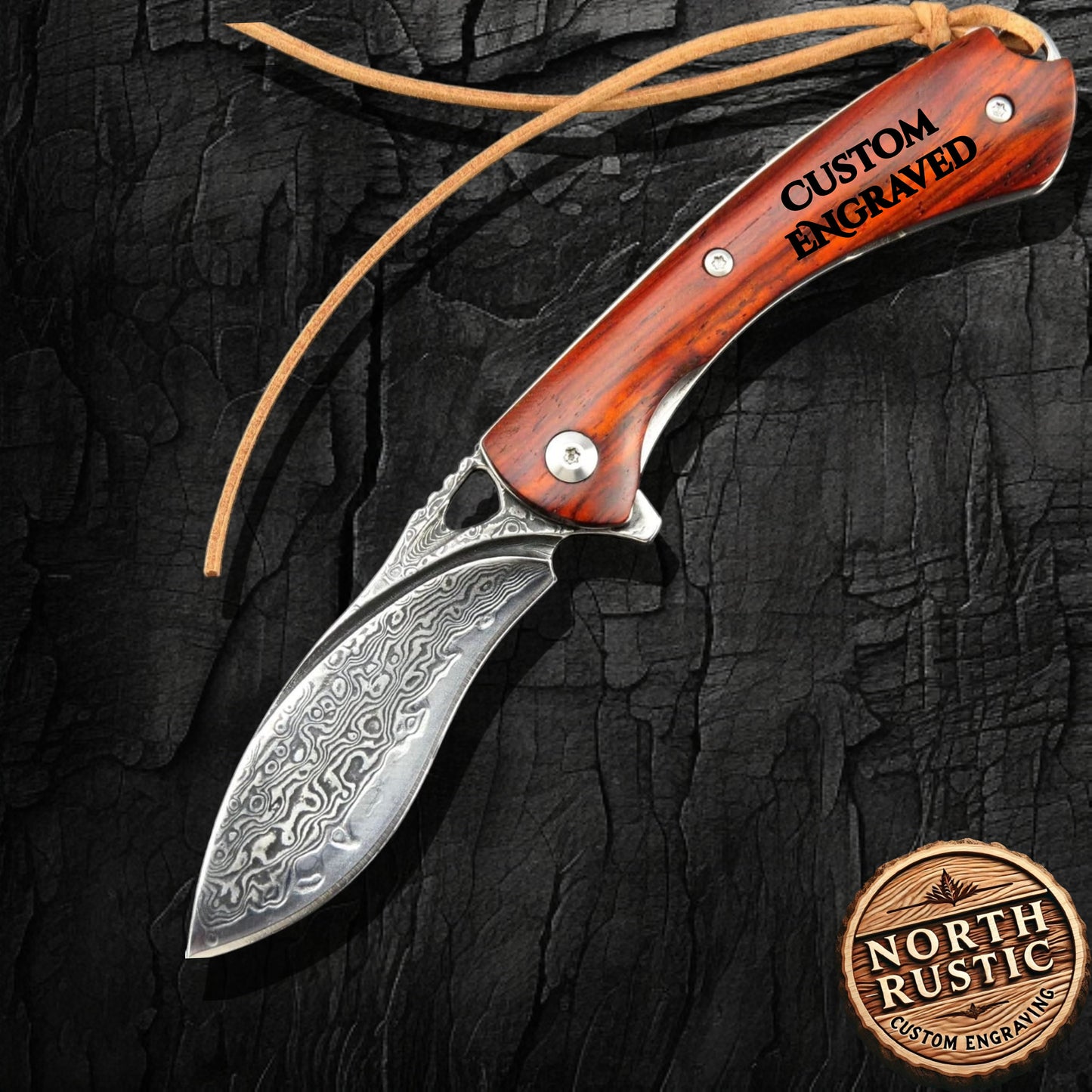 Custom Engraved Damascus Pocket Knife - Unique Personalized Gift For Him - Wedding Groomsmen Gifts - Husband Gift For Anniversary