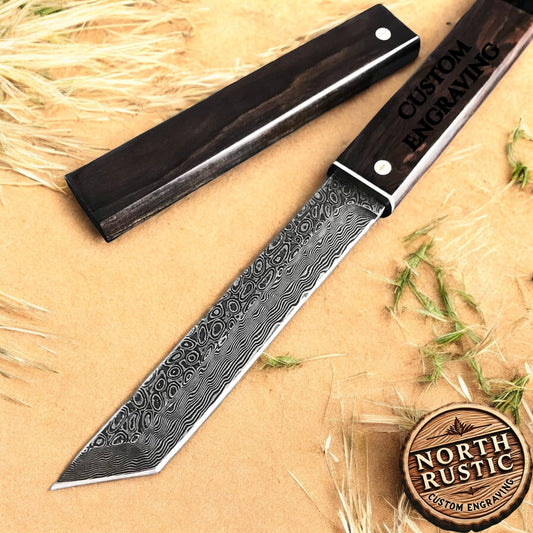 Engraved VG10 Damascus Hunting Knife, Ebony Wood Handle, Personalized Fixed Blade Knife, Personal Engraving Gift Custom Father Dad VE03