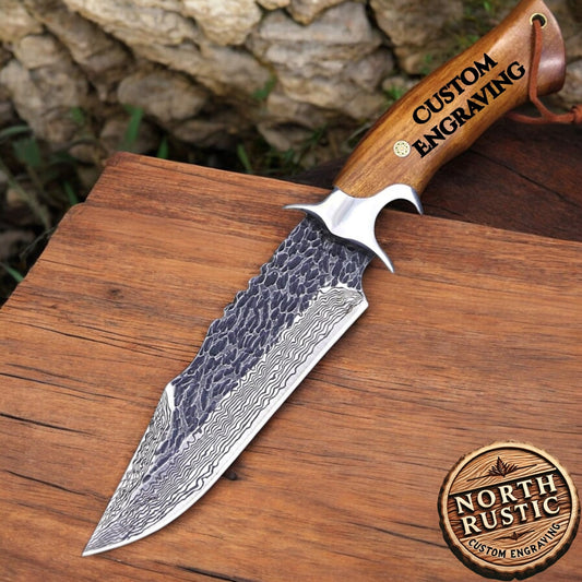Custom Engraved Damascus Hunting Knife, Olive Wood Handle, Personalized Fixed Blade Knife, Anniversary Gift For Husband, Gift For Him