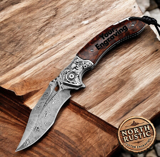 Premium Engraved Pocket Knife - VG10 Damascus Folding Knife - Personalized Customization - Stunning Snake Wood Handle - Unique EDC Gift NR41