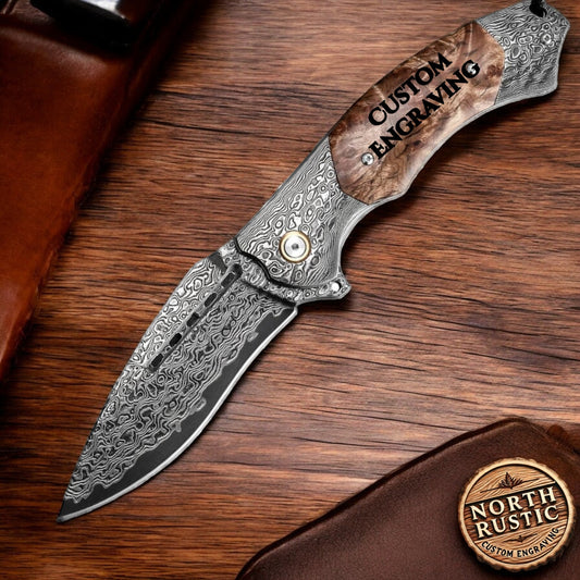 Premium Engraved Pocket Knife - VG10 Damascus Folding Knife - Personalized Custom Engraving - Sycamore Wood Handle - Gift for Him NR55