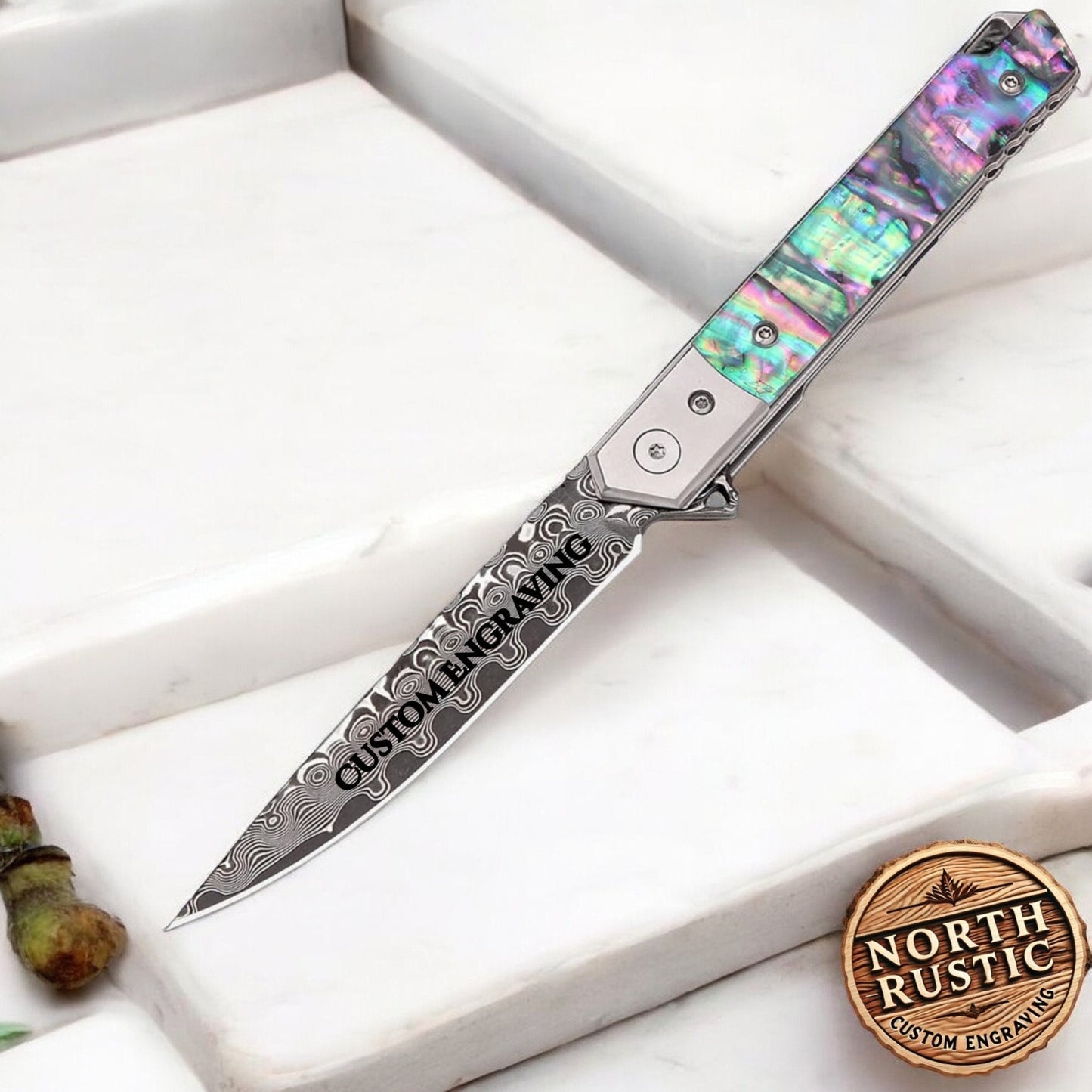 Abalone Damascus Pocket Knife, Personalized Engraving VG10 Blade, Engraved Folding Knife, Wedding Anniversary Groomsmen Gift | VP117