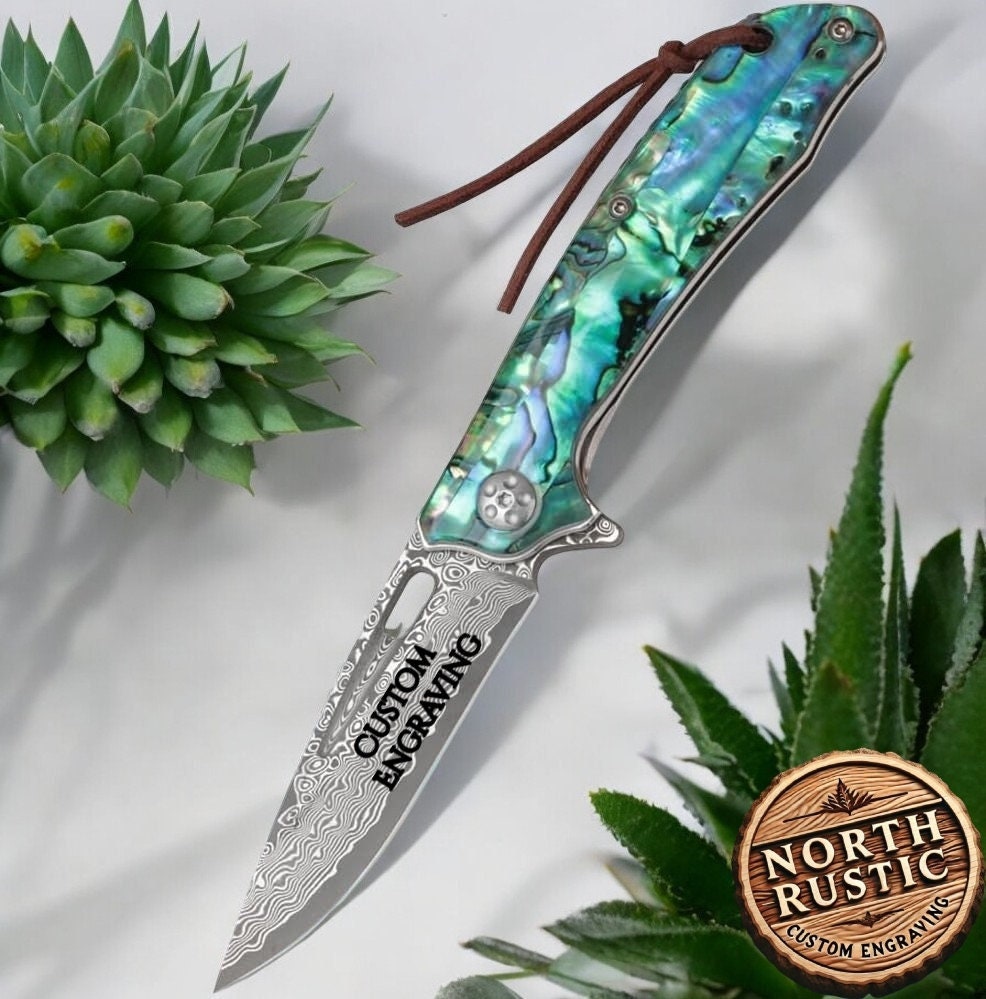 Abalone Damascus Pocket Knife, Personalized Engraved Blade, Engraving Sea Shell Folding Knife, Wedding Anniversary Groomsmen Gift VP100