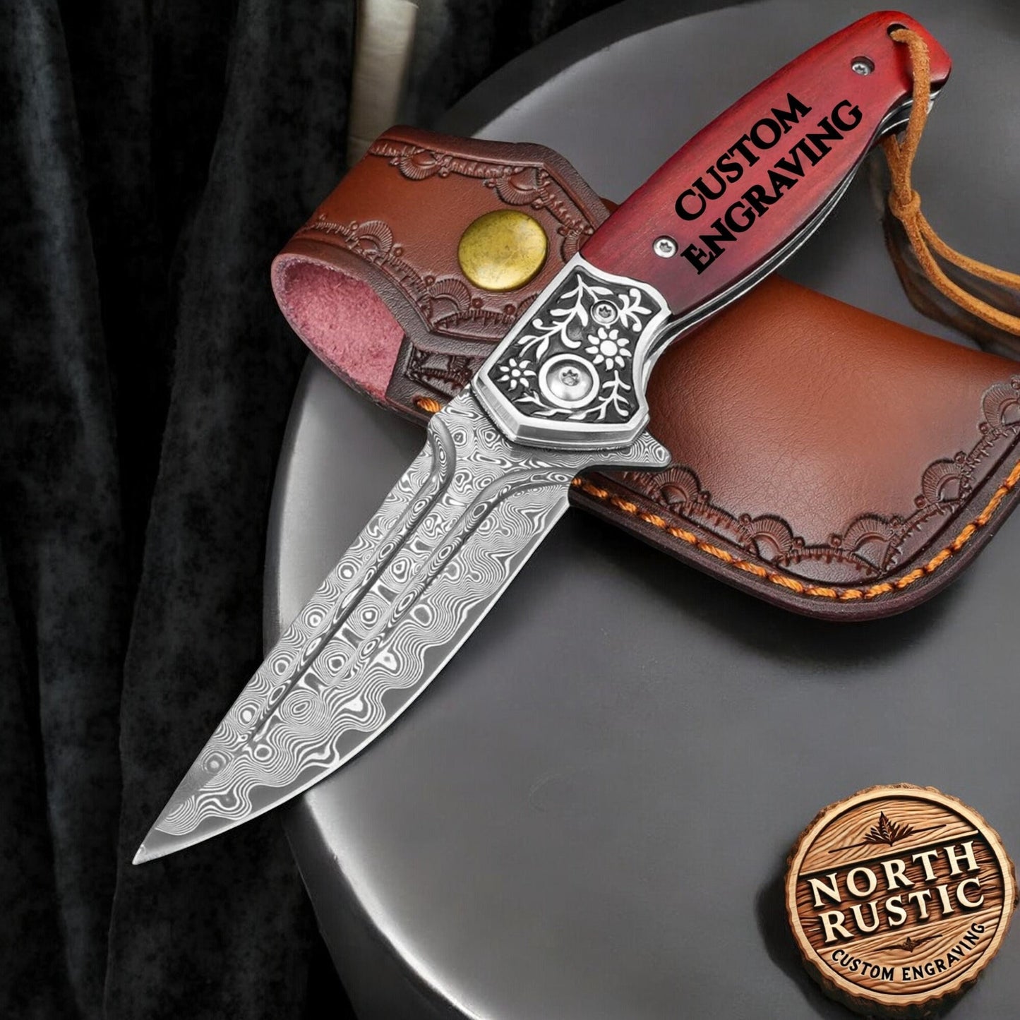 Engraved Damascus Pocket Knife, VG10 Personalized Folding Knife, Rose Wood Handle, Engraving Knives Wedding Groomsmen Dad Gift | VP112