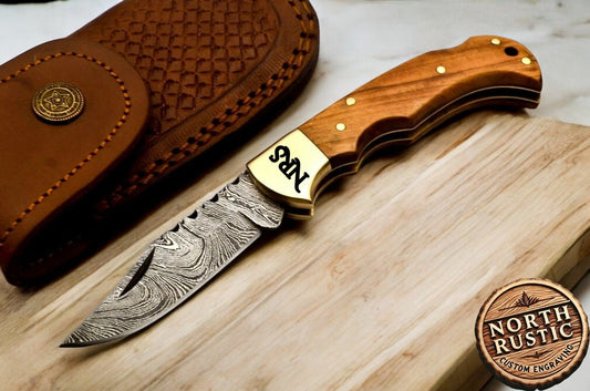 Damascus Pocket Knife Olive Wood Handle Personalized Gift Folding Knife Groomsmen Gift Anniversary Wedding Handmade Birthday Gift for Him