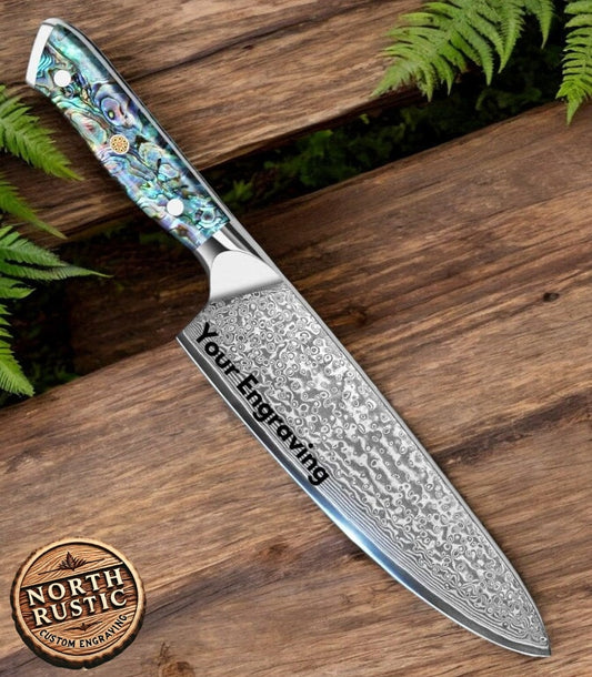 Engraved 8" Damascus VG10 Chef Knife Kitchen Culinary Personalized Abalone Shells Knives Professional Premium Home Goods Gift Utility VC15