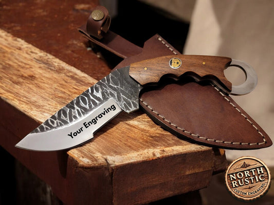 Custom Engraved Karambit | Rose Wood Hunting Knife | Hammered Knife | Groomsman Gift | Outdoors Camping Knife | Father Dad Gift | NR08-5