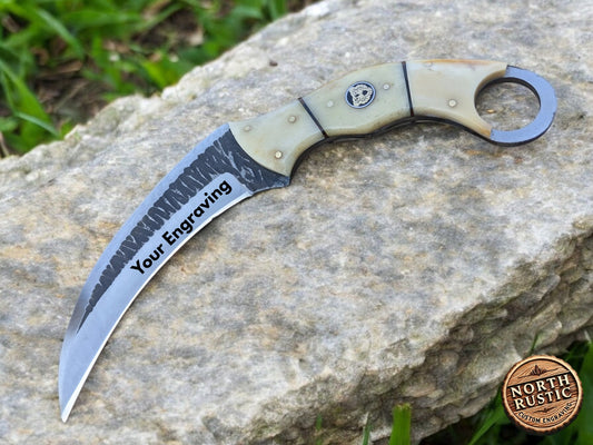 Buffalo Bone Karambit Knife | Custom Engraved Knife | Hunting Knife | Groomsman Gift | Outdoors Camping Knife | Father's Day Gift | NR07-1