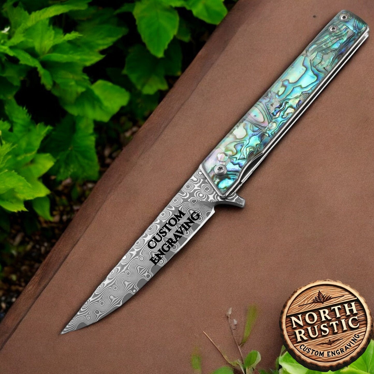 Abalone Damascus Pocket Knife, Personalized Engraving VG10 Blade, Engraved Folding Knife, Wedding Anniversary Groomsmen Gift | VP29