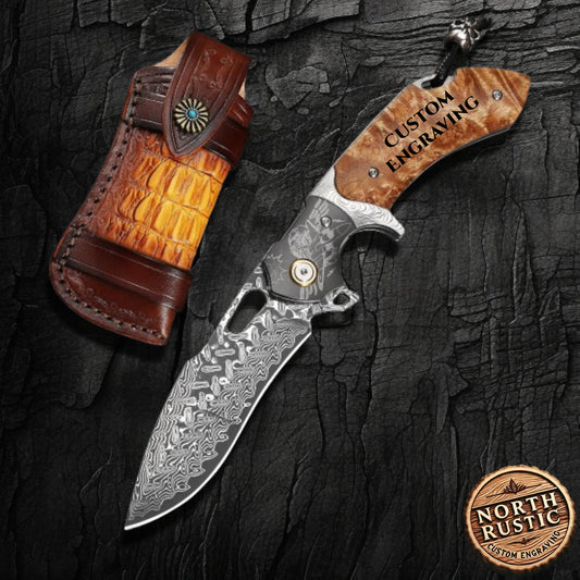 Premium Engraved Pocket Knife - VG10 Damascus Folding Knife - Personalized Customization - Burl Shadow Wood Handle - Unique EDC Gift NR51