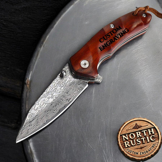 Engraved Damascus Pocket Knife, Gift For Him, Personalized Folding Knives, Husband Anniversary Gift, Wedding Groomsmen Gifts Knife NR19