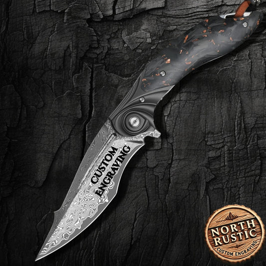 Damascus Pocket Folding Knife Gold Shred Resin Handle