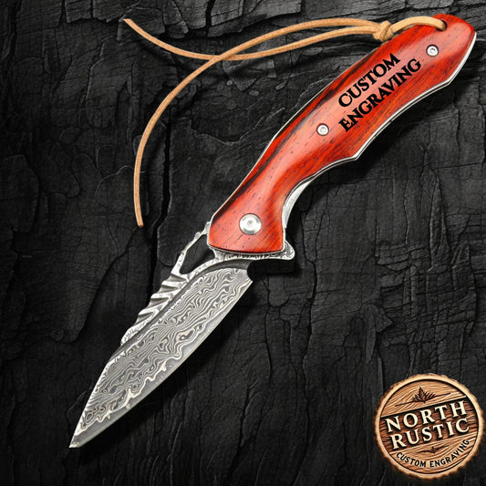 Engraved Damascus Pocket Knife Gift, Personalized Folding Knife, Rose Wood Handle Knife, Custom Father Husband Boyfriend Gift | VP61