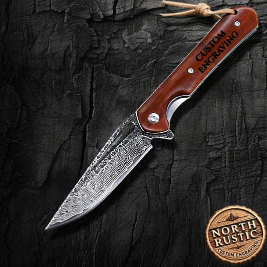 Engraved VG10 Damascus Folding Knife, Personalized Pocket Knife, Rose Wood Handle Knife, Custom Father Husband Boyfriend Gift | VP30