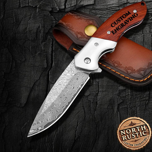 Rose Wood Handle Damascus Pocket Knife