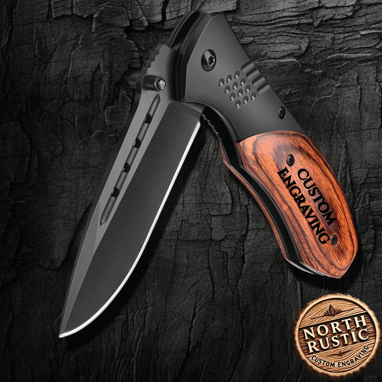 Walnut Wood Handle Pocket Knife Black Stainless Steel