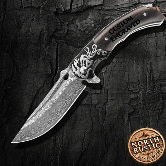 Engraved Damascus Pocket Knife, Personalized Sandal Wood Handle, Folding Knife Dragon Bolster, Wedding Anniversary Groomsmen Gift VP83