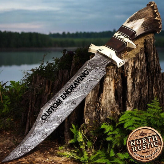Engraved Damascus Hunting Knife, Deer Antler Stag Horn Handle, Personalized Hunting Knife, Custom Engraving Gift Father's Day Gift For Dad