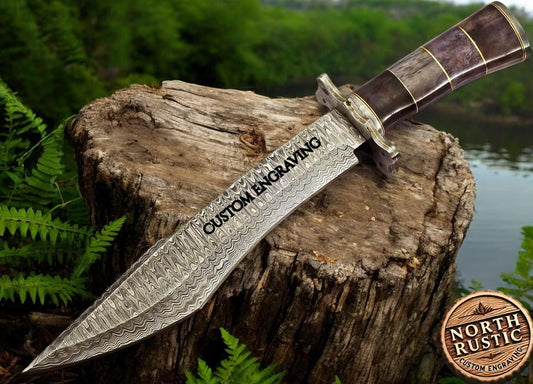 Engraved Damascus Hunting Knife, Stained Bone & Wood Handle, Personalized Hunting Knife, Custom Engraving Gift Father's Day Gift For Dad