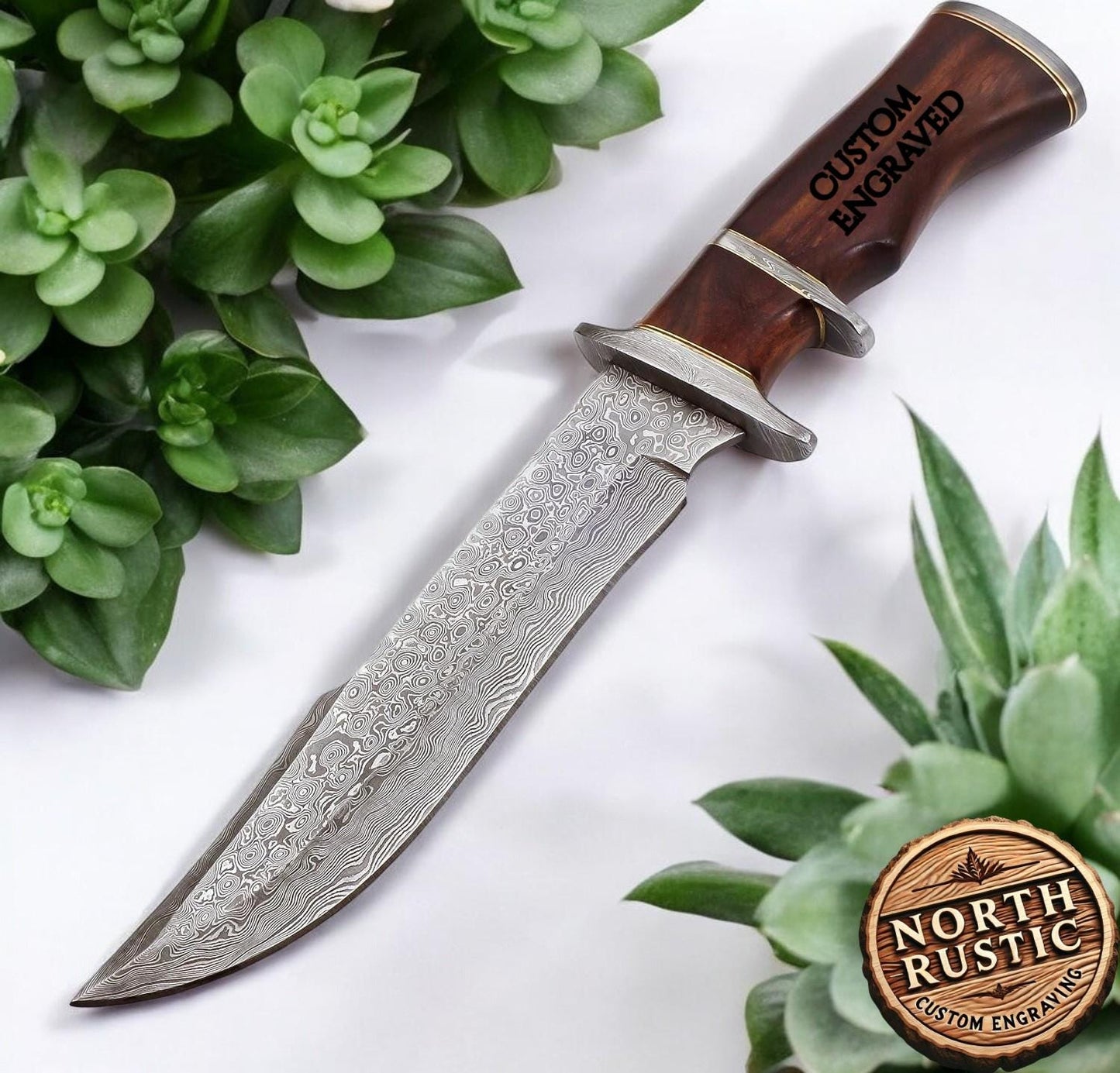 Engraved Fixed Blade Knife, Personalized Damascus Hunting Knife, Rose Wood Handle, Personal Engraving Gift Customized Father Gift For Dad