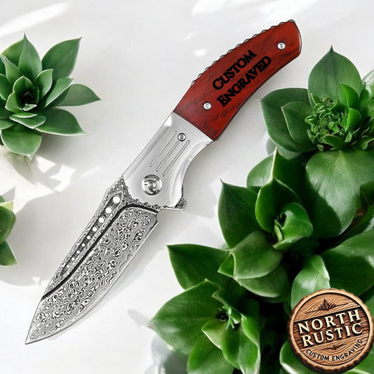 Large Rose Wood Damascus Pocket Knife