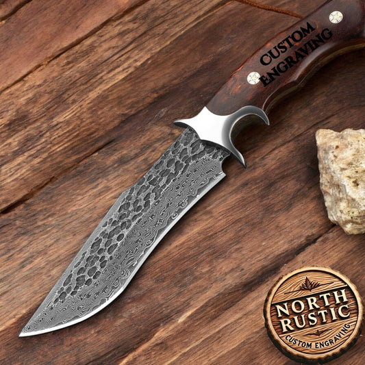 Engraved Damascus Hunting Knife, Rose Wood Handle, Personalized Fixed Blade Knife, Personal Engraving Gift Custom Father Gift For Dad
