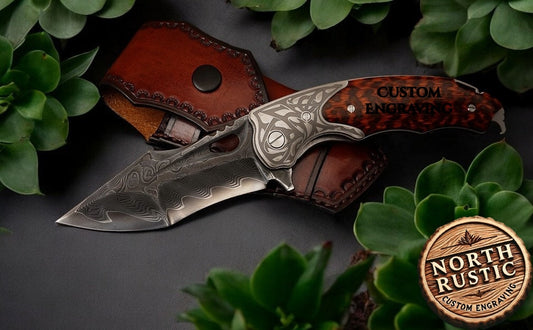 Premium Engraved Pocket Knife - VG10 Damascus Folding Knife - Personalized Customization - Stunning Snake Wood Handle - Unique EDC Gift NR50