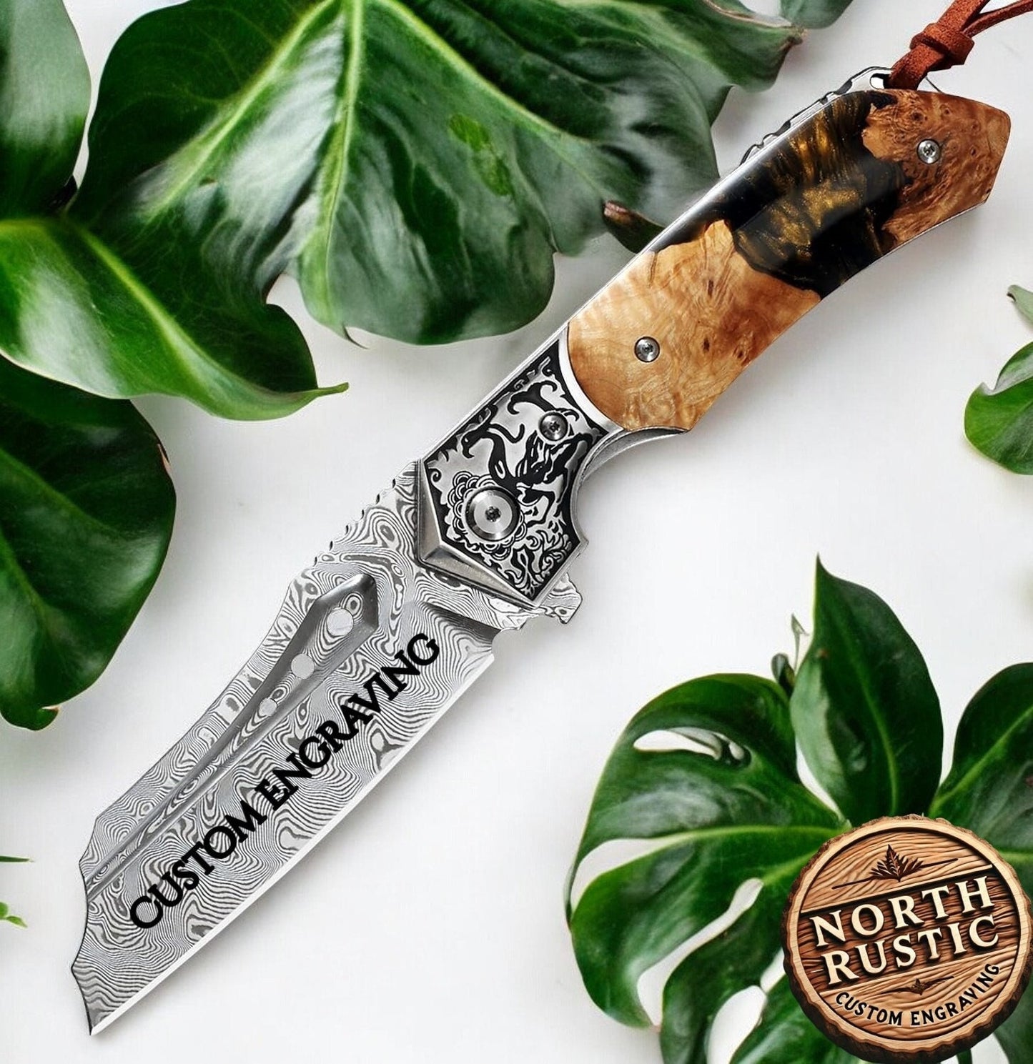 Engraved VG10 Damascus Pocket Knife, Resin & Walnut Wood Handle Folding Knife, Gifts For Him Wedding Anniversary Husband Gift For Dad, NR03
