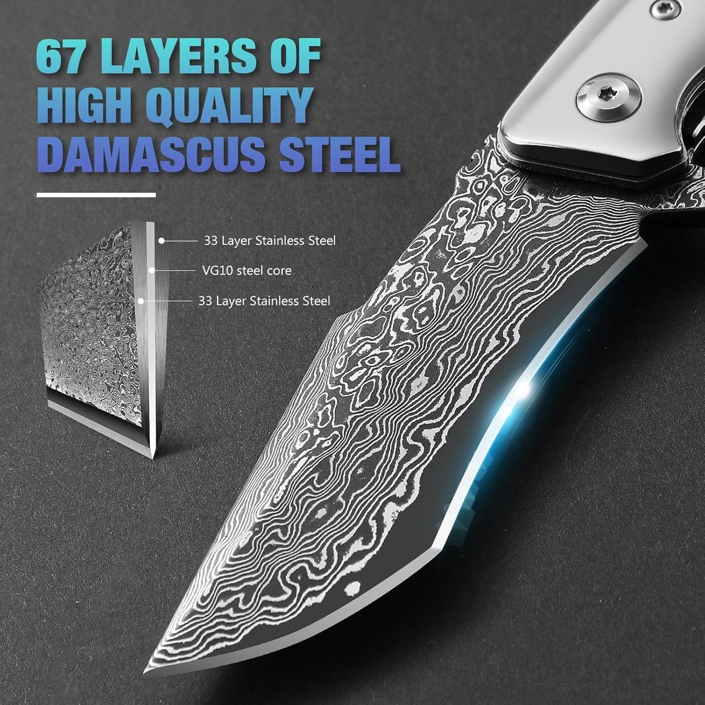 Damascus Folding Knife Abalone Shell Handle 3.34" Blade