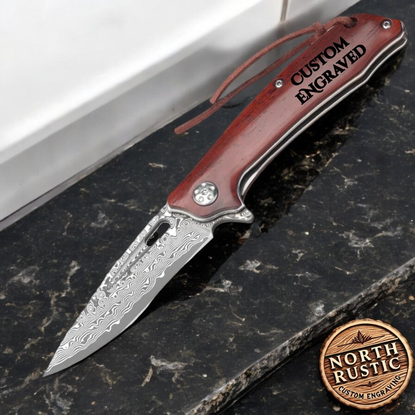 Rosewood Handle Damascus 7.08" Pocket Knife
