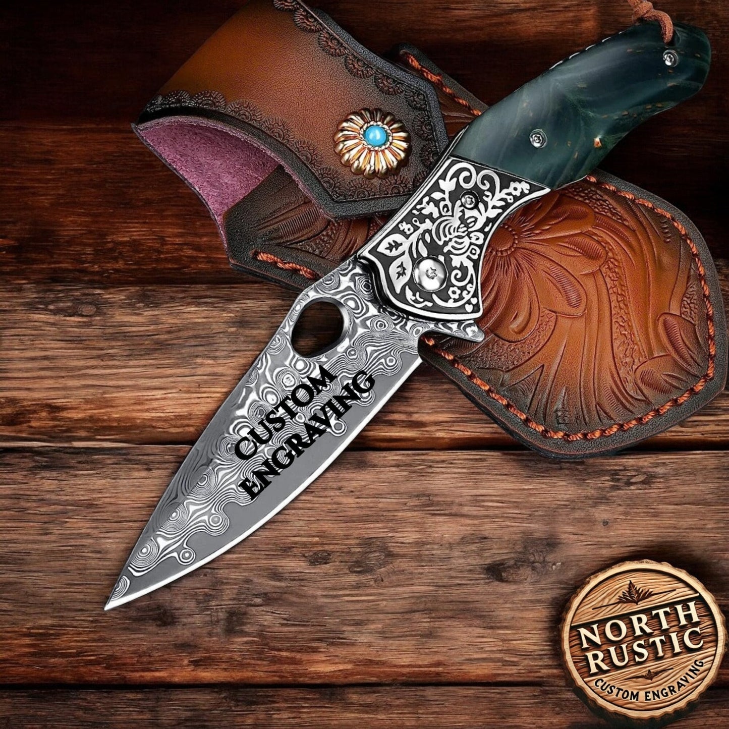 Engraved VG10 Damascus Pocket Knife, Gifts For Him, Sandal Wood Handle Folding Knife, Wedding Anniversary Husband Dad Gift | NR07
