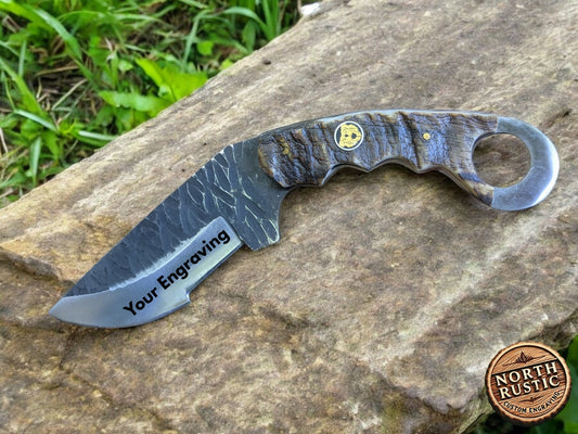 Ram Horn Karambit Knife | Custom Engraved Hammered Karambit | Groomsman Gift | Outdoors Hunting Knife | Father's Day Gift | NR08-4