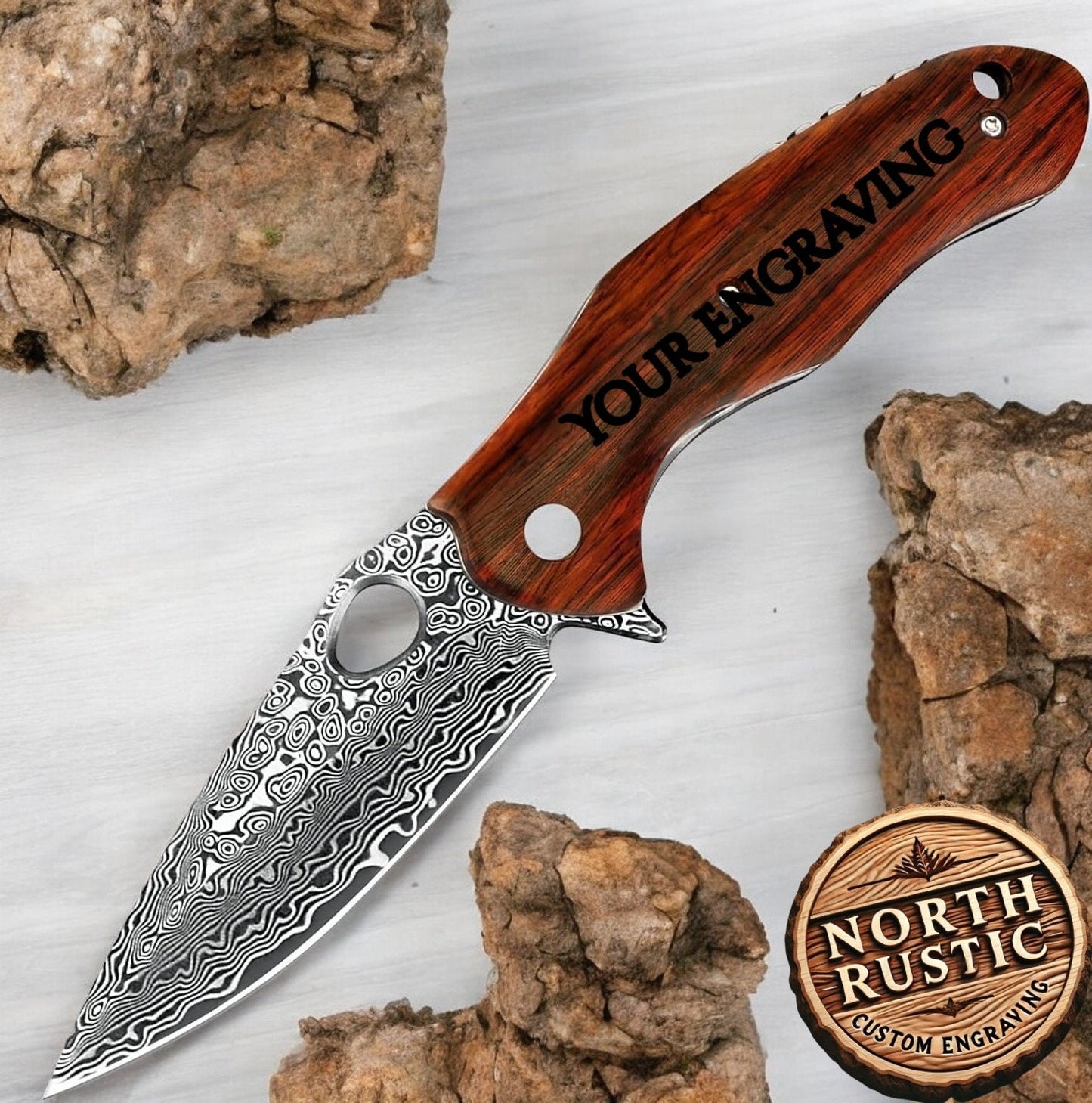 Personalized Damascus Pocket Knife Gift For Him Engraved Folding Rose Wood Handle Engraving Husband Anniversary Gifts VG10 | VP114