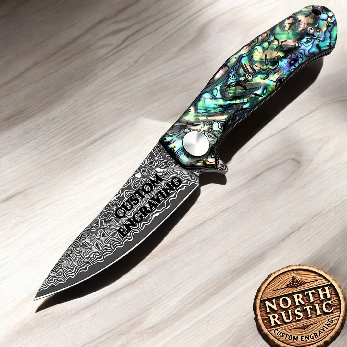 Abalone Shell Handle Damascus Pocket Knife