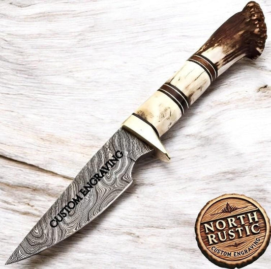 Personalized Hunting Knife, Engraved Damascus Hunting Knife, Deer Antler Stag Horn Handle, Custom Engraving Gift Father's Day Gift For Dad