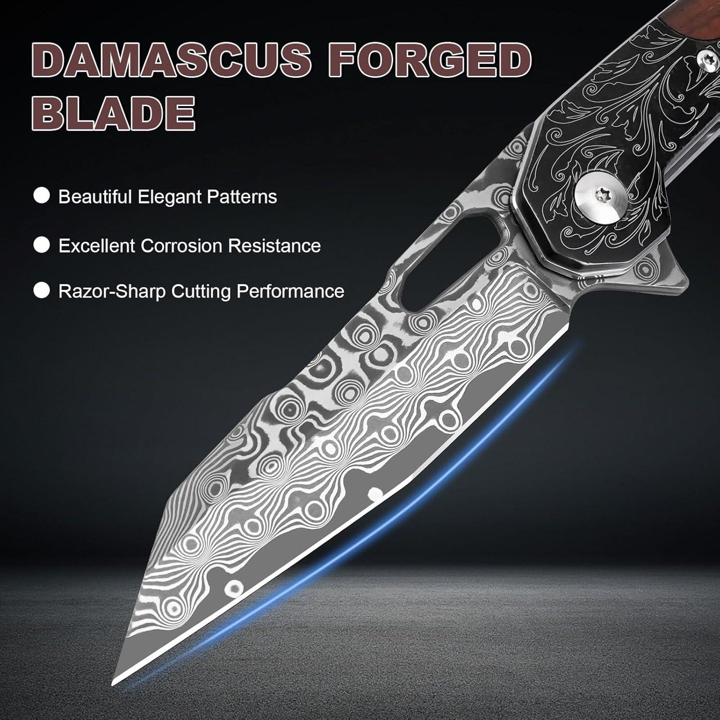 Damascus Folding Knife Rose Wood Handle 3.3" Blade