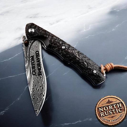 Personalized Damascus Pocket Knife, Engraved Wood Box Gift Set, Ebony Wood Handle VG10, Custom Father Husband Anniversary Boyfriend | VP31