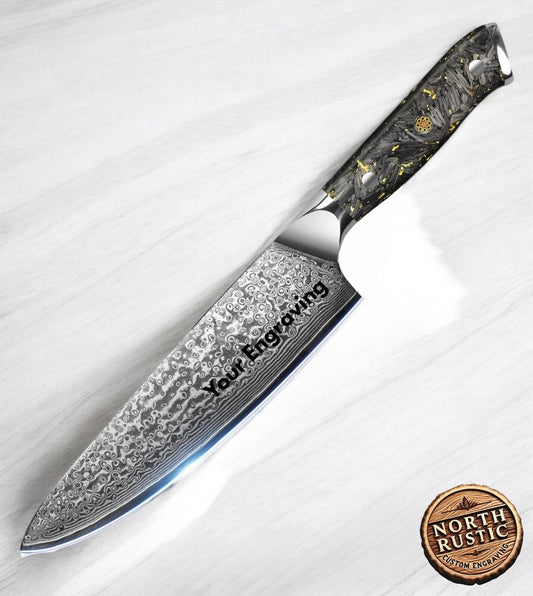 Engraved 8" Damascus VG10 Chef Knife Kitchen Culinary Personalized Gold Flake Knives Professional Premium Home Goods Gift Utility CK01
