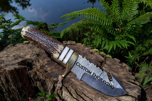 Engraved Damascus Hunting Knife, Personalized Hunting Knife, Deer Antler Stag Horn Handle, Custom Engraving Gift Father's Day Gift For Dad