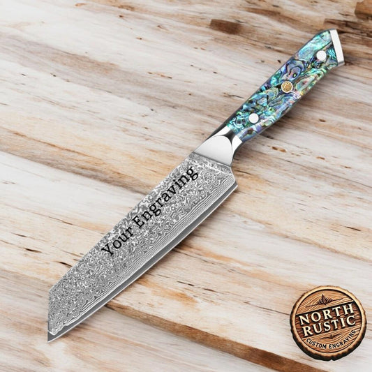 Engraved 8" Damascus VG10 Kiritsuke Knife Kitchen Culinary Personalized Abalone Shells Knives Professional Premium Home Goods Gift Utility