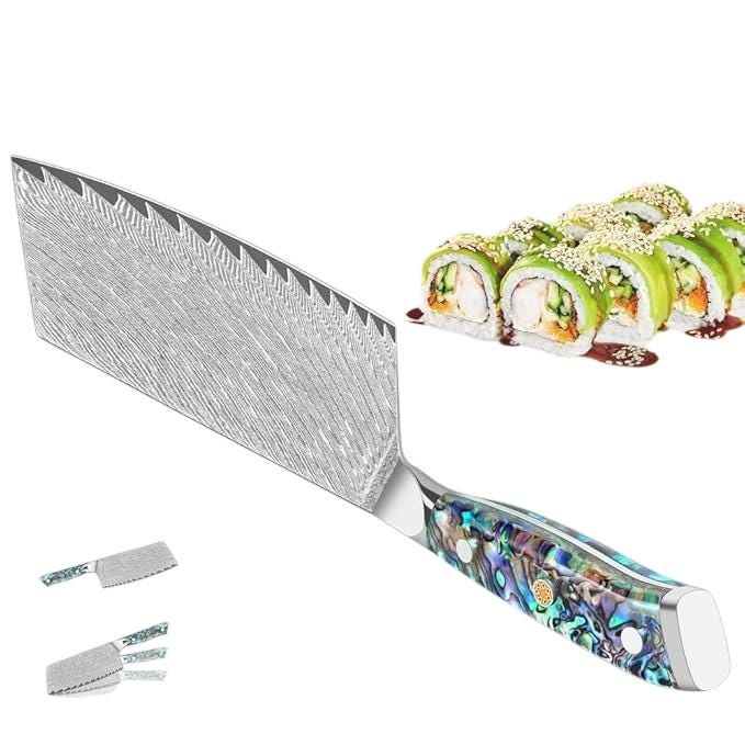 Engraved 7" Damascus VG10 Meat Cleaver Knife Kitchen Culinary Personalized Abalone Shells Professional Premium Home Goods Gift Utility