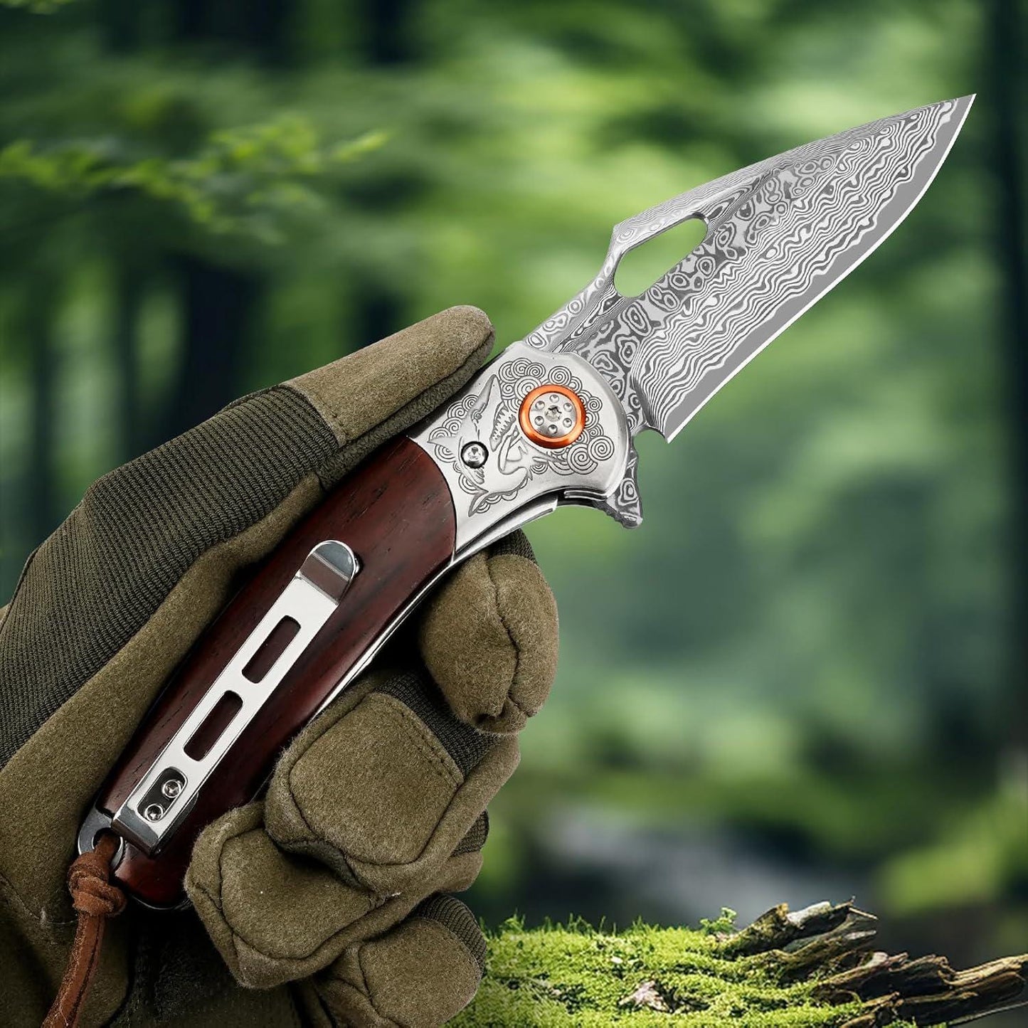 Personalized Damascus Pocket Knife Gift | Engraved Damascus Folding Knife | Custom Rose Wood Handle Knife | Husband Groomsmen Wedding Gift