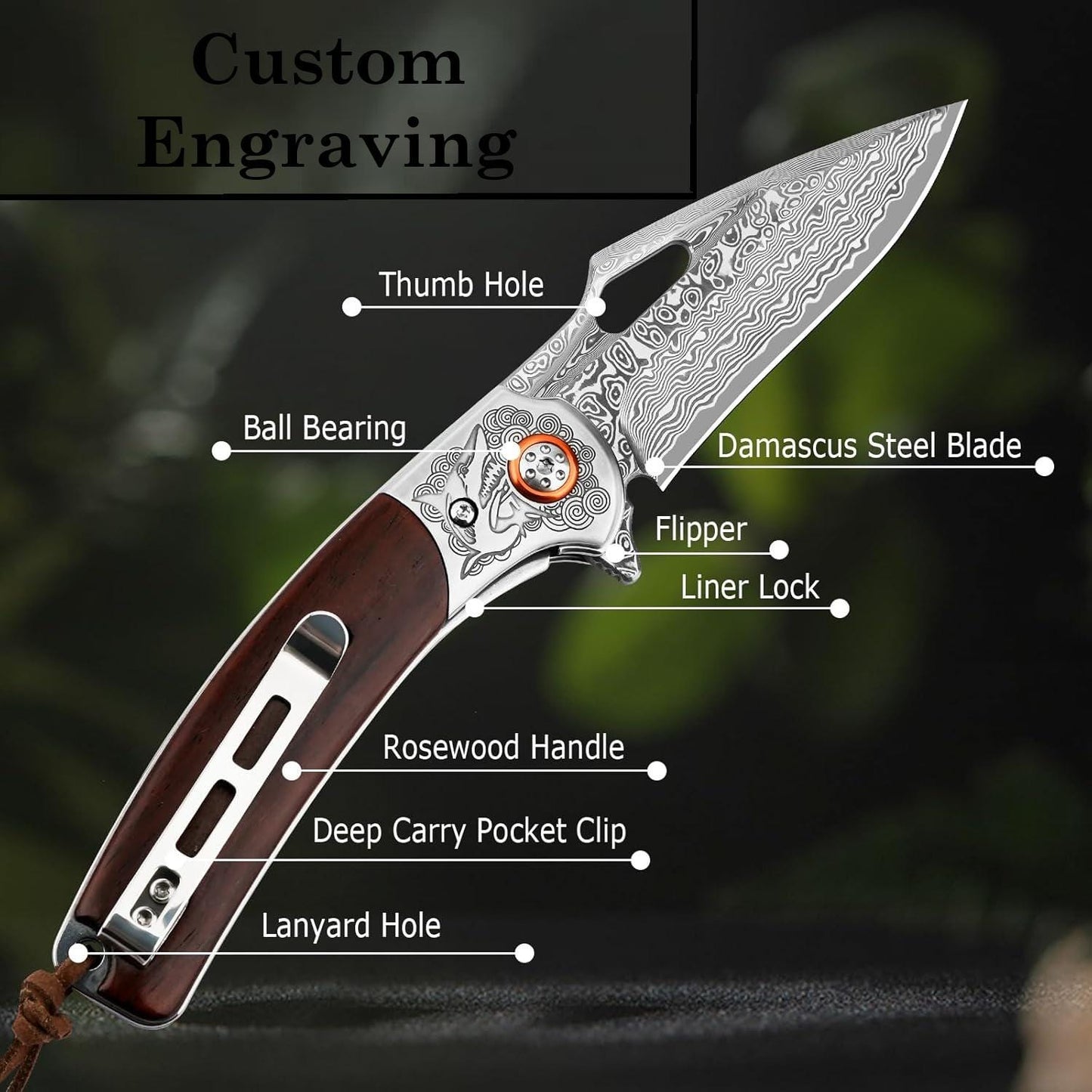 Personalized Damascus Pocket Knife Gift | Engraved Damascus Folding Knife | Custom Rose Wood Handle Knife | Husband Groomsmen Wedding Gift
