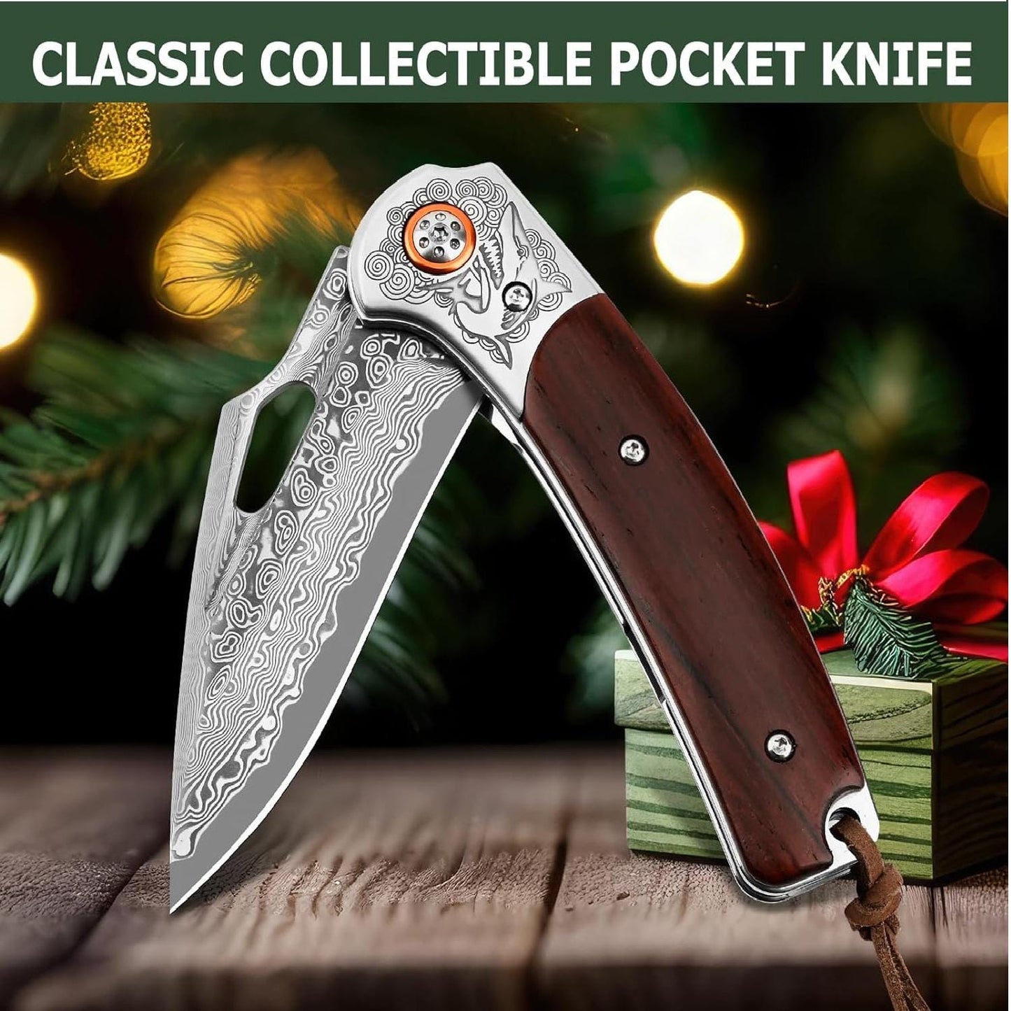 Personalized Damascus Pocket Knife Gift | Engraved Damascus Folding Knife | Custom Rose Wood Handle Knife | Husband Groomsmen Wedding Gift