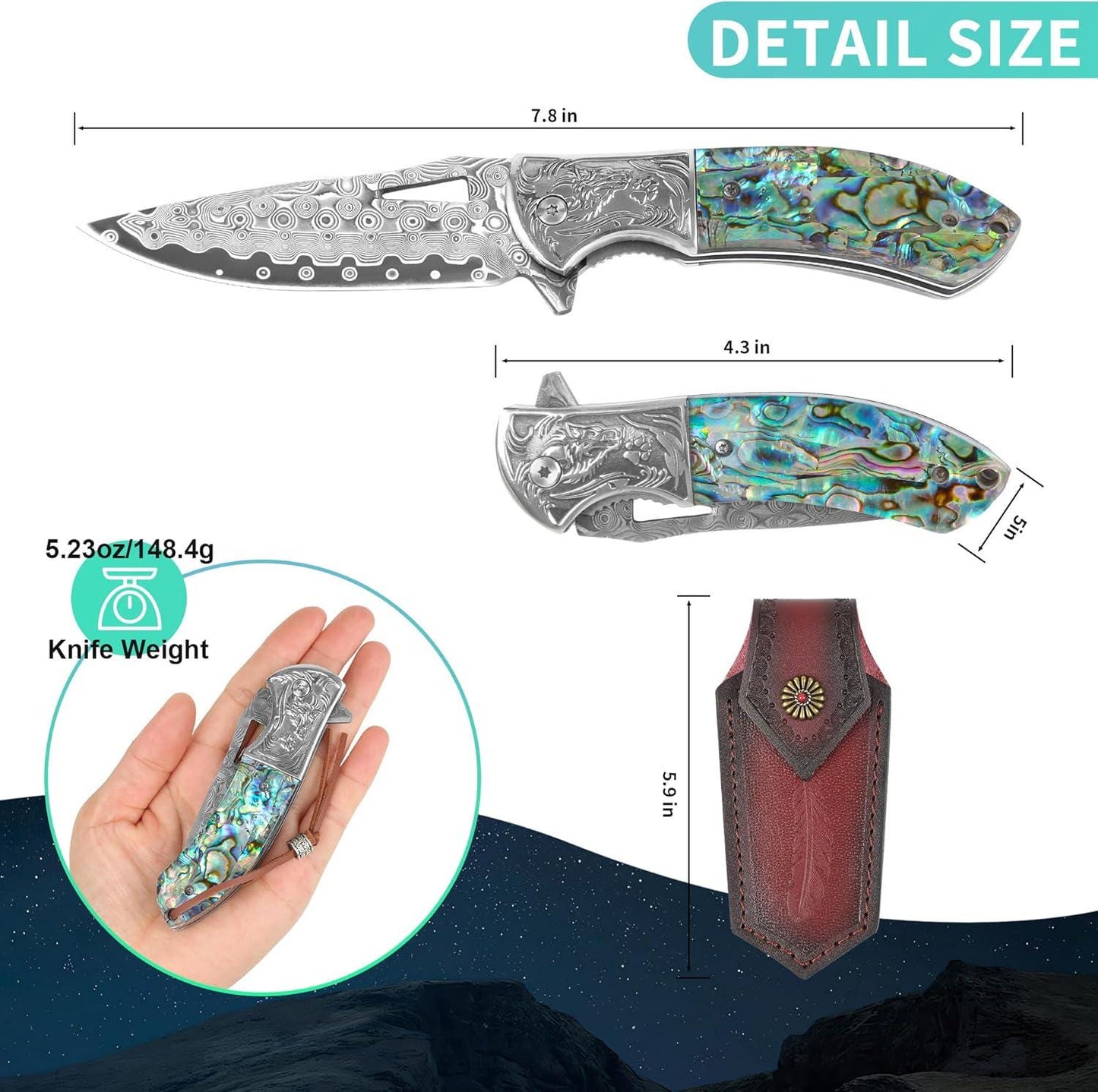 Abalone Handle 7.8" Damascus Pocket Knife