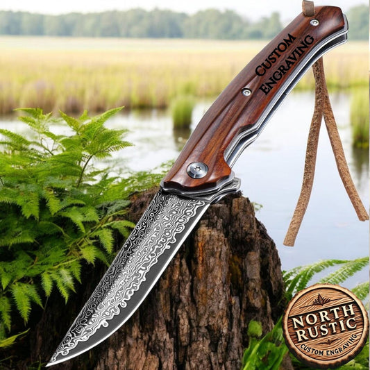 Custom Damascus Folding Knife, Engraved Damascus Pocket Knife, Personalized Outdoors Gift For Him, Wedding Anniversary Gifts Unique Present