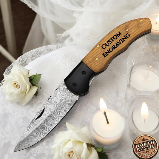 Olive Wood Personalized Folding Knife Gift Damascus Pocket Knife Groomsmen Gift Anniversary Wedding Handmade Birthday Gift for Him